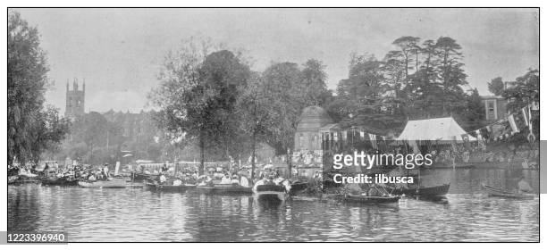 antique black and white photograph of sport, athletes and leisure activities in the 19th century: rowing - cambridgeshire stock illustrations