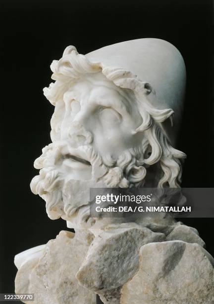 Head of Ulysses , Roman copy after an Hellenistic sculpture of the Rhodian school, Probably from The Blinding of Polyphemus statuary group, marble .