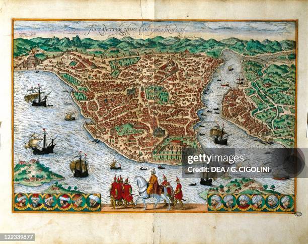 Italy, Milan, Perspective view of the city of Constantinpole by Georg Braun and Franz Hogenberg , color engraving.