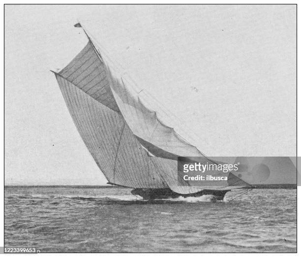 antique black and white photograph of sport, athletes and leisure activities in the 19th century: yachting - sailboat racing stock illustrations