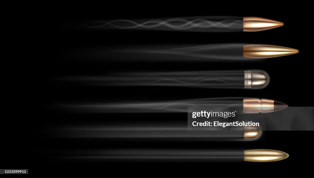 Bullets Flying Realistic Bullet Shots Flying Bullets Smoke Trails High-Res Vector ...