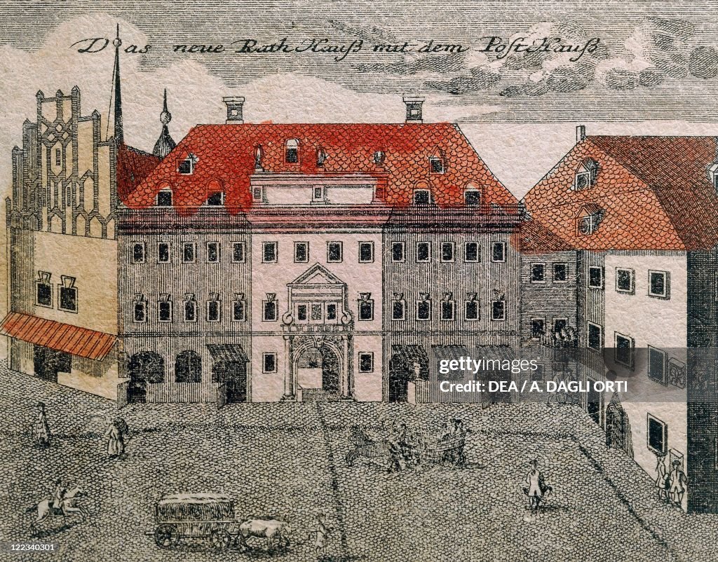 Germany, Halle, View of the City hall (Rathaus) square, engraving