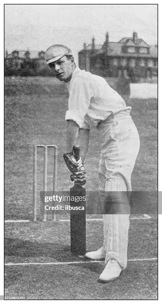 Antique black and white photograph of sport, athletes and leisure activities in the 19th century: Cricket player C Y Burnup