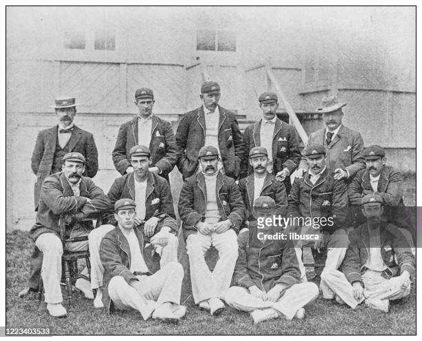 antique black and white photograph of sport, athletes and leisure activities in the 19th century: cricket team australia - australian portrait stock illustrations