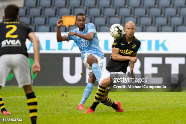 Isaac Kiese Thelin of Malmo FF takes a shot at goal during an Allsvenskan match between AIK and Malmo FF at Friends Arena on June 28, 2020 in Solna,...