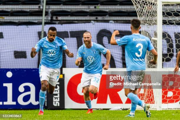 Isaac Kiese Thelin of Malmo FF celebrates after scoring the 1-2 goal from the penalty spot during an Allsvenskan match between AIK and Malmo FF at...