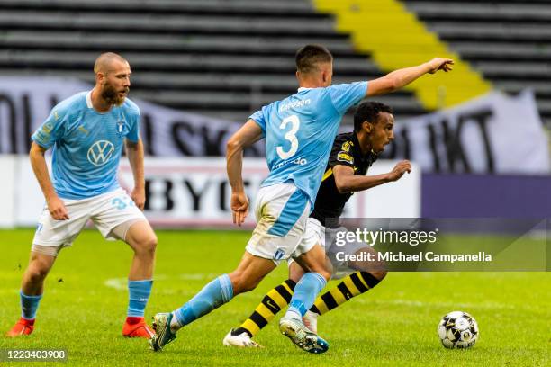 Bilal Hussein of AIK runs with the ball during an Allsvenskan match between AIK and Malmo FF at Friends Arena on June 28, 2020 in Solna, Sweden.
