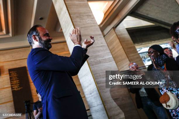 French Prime Minister and candidate for Le Havre city hall Edouard Philippe greets his supporters after winning the second round of the mayoral...