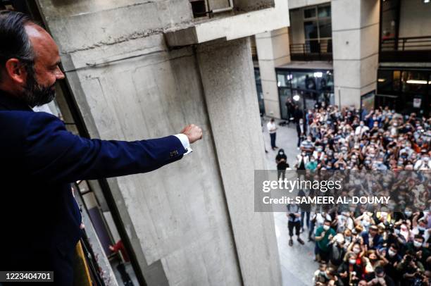 French Prime Minister and candidate for Le Havre city hall Edouard Philippe greets his supporters after winning the second round of the mayoral...