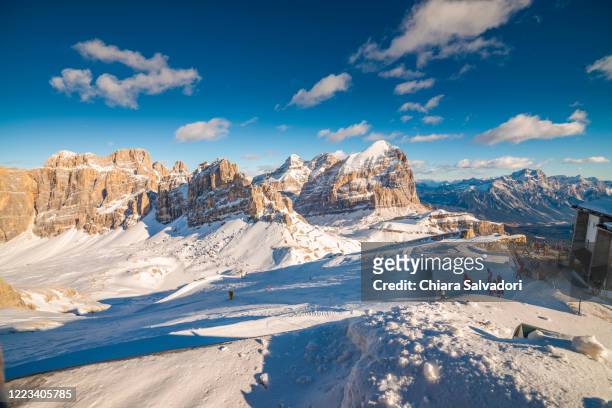 the lagazuoi massif in winter - cortina stock pictures, royalty-free photos & images