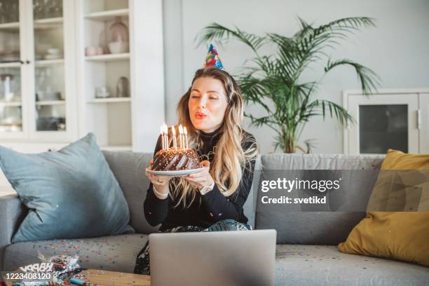 birthday during isolation period - older woman birthday stock pictures, royalty-free photos & images