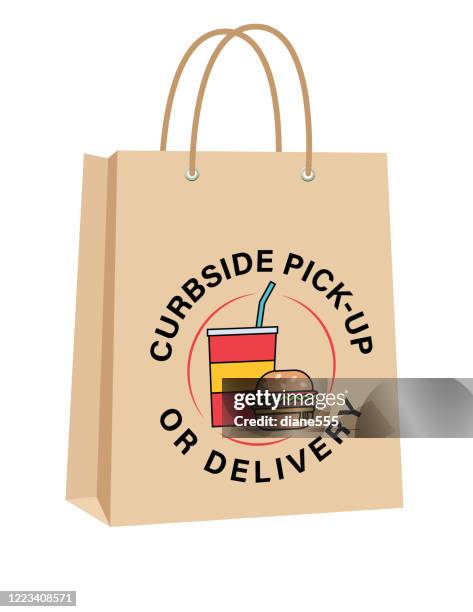 curbside take-out oder liefertaschen mit burger und soda - delivery company logos stock-grafiken, -clipart, -cartoons und -symbole