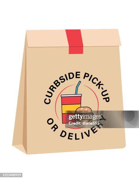 curbside take-out oder liefertaschen mit burger und soda - delivery company logos stock-grafiken, -clipart, -cartoons und -symbole