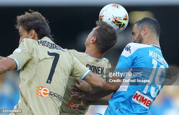 Simone Missiroli of SPAL, Thiago Cionek of SPAL and Nikola Maksimovic of Napoli battle for the ball during the Serie A match between SSC Napoli and...