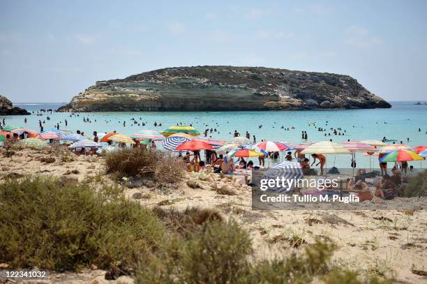 General view of the island of Isola dei Conigli on August 23, 2011 in Lampedusa, Italy. Isola dei Conigli is one of the last remaining egg-laying...