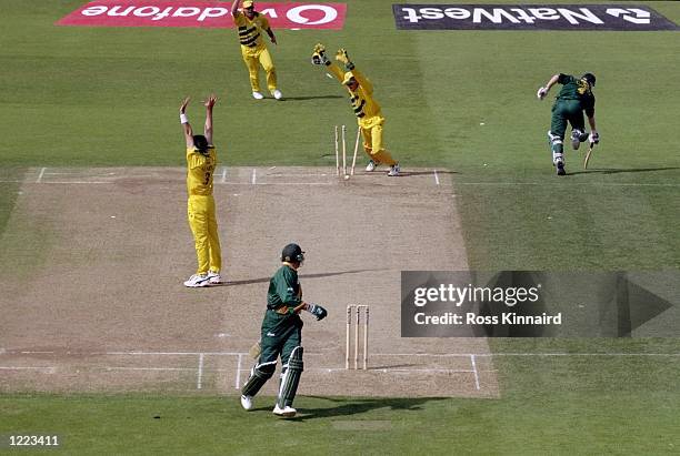 Daryll Cullinan of South Africa is run out against Australia in the World Cup semi-final at Edgbaston in Birmingham, England. The match finished a...