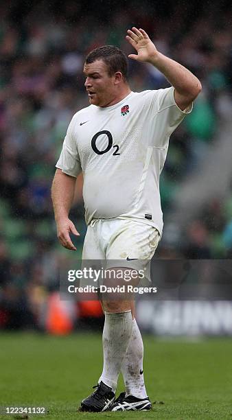 Matt Stevens of England looks on during the international match between Ireland and England at the Aviva Stadium on August 27, 2011 in Dublin,...