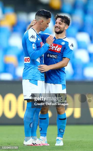 Jose Maria Callejon of Napoli and Dries Mertens of Napoli Celebrate after scoring his team's second goal during the Serie A match between SSC Napoli...