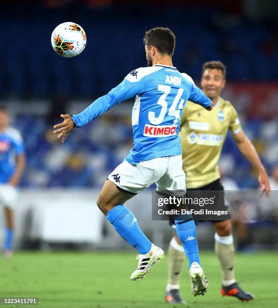 Amin Younes of Napoli Scores his team's third goal during the Serie A match between SSC Napoli and SPAL at Stadio San Paolo on June 28, 2020 in...