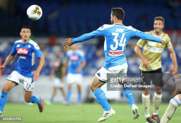Amin Younes of Napoli Scores his team's third goal during the Serie A match between SSC Napoli and SPAL at Stadio San Paolo on June 28, 2020 in...
