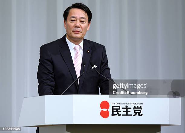 Banri Kaieda, Japan's economy, trade and industry minister, speaks during a debate for candidates for the leadership of the Democratic Party of Japan...