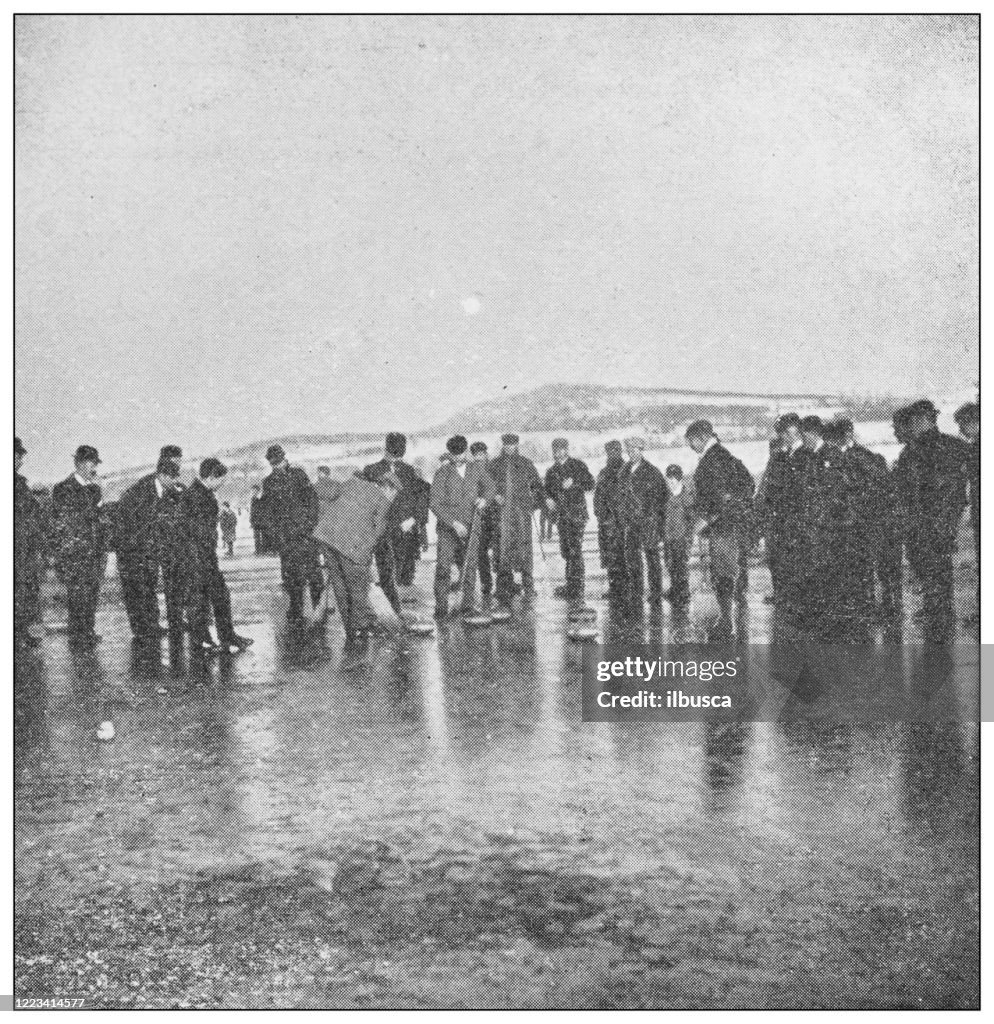 Antique black and white photograph of sport, athletes and leisure activities in the 19th century: Curling in Loch Lomond