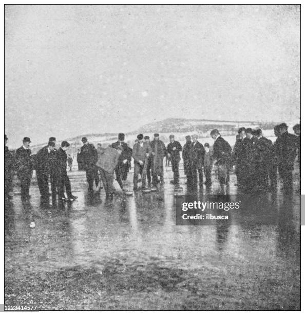 antique black and white photograph of sport, athletes and leisure activities in the 19th century: curling in loch lomond - loch lomond winter stock illustrations