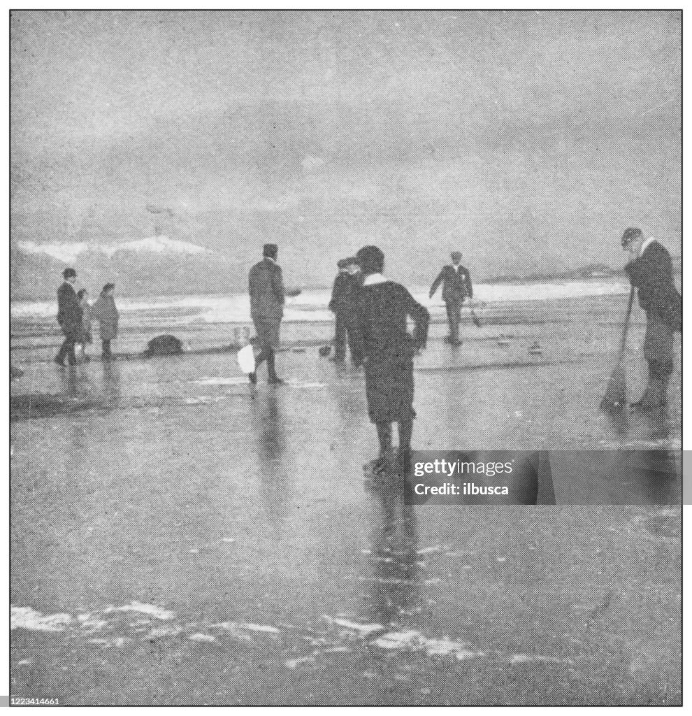 Antique black and white photograph of sport, athletes and leisure activities in the 19th century: Curling in Loch Lomond