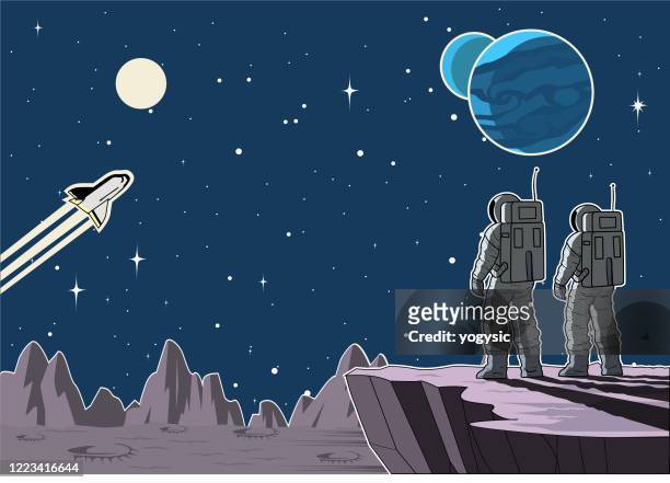 vector astronaut team auf einer mondoberfläche im weltraum stock illustration - astronaut vector stock-grafiken, -clipart, -cartoons und -symbole
