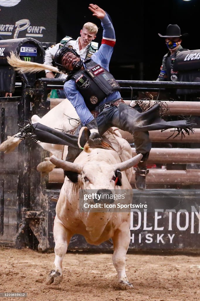 Andrew Alvidrez rides bull Snake Eyes during the Monster Energy Team ...