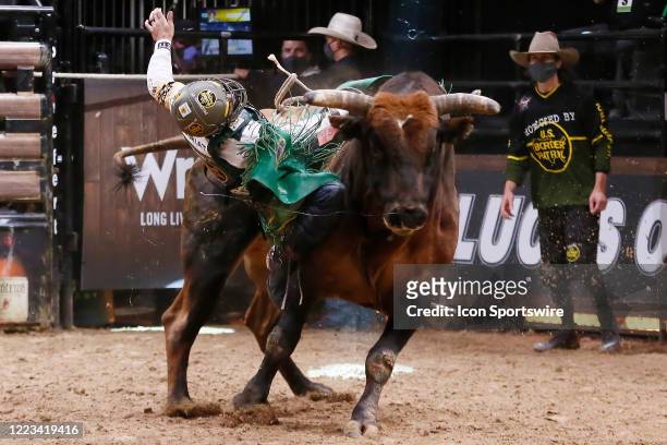 Cooper Davis gets bucked from bull Check Mate during the Monster Energy Team Challenge, on June 27 at the South Point Arena, Las Vegas, NV.