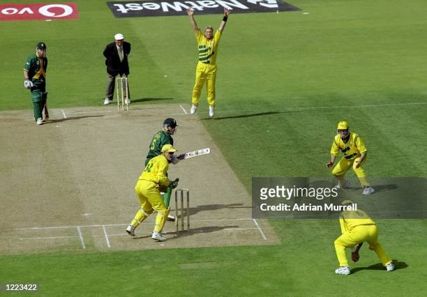 South Africa captain Hansie Cronje is caught off Shane Warne of Australia for nought in the World Cup semi-final at Edgbaston in Birmingham, England....