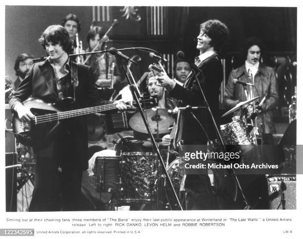 Rick Danko, Levon Helm and Robbie Robertson of The Band perform at their farewll concert released on film as 'The Last Waltz' at Winterland Ballroom...