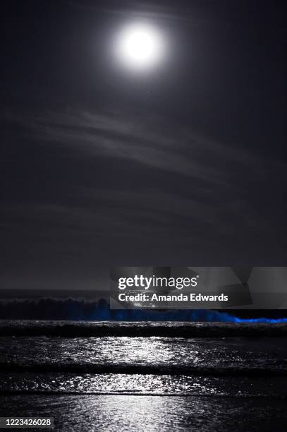 Light from the last supermoon of 2020, the "Super Flower Moon", reflects off the bioluminescent waves breaking on the Venice Beach shoreline on May...