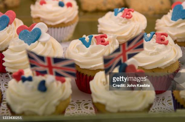 Cupcakes decorated to celebrate VE day are displayed for sale at a local bakers on May 07, 2020 in Leigh on Sea, England. The UK will commemorate the...