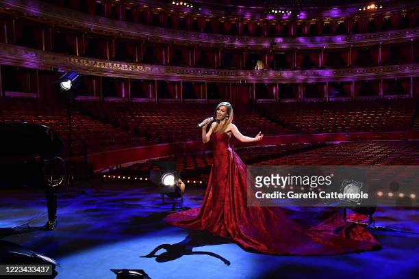 Katherine Jenkins performs during a behind-closed-doors concert commemorating VE Day at Royal Albert Hall on May 07, 2020 in London, England. Friday...