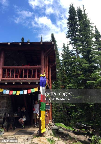 tourists relax at the plain of six glaciers tea house near victoria glacier, banff national park, alberta, canada - salão-de-chá imagens e fotografias de stock