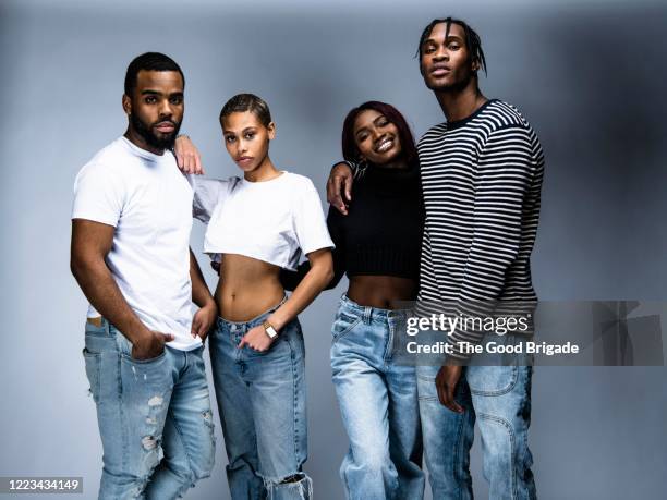 Group of young people on grey background