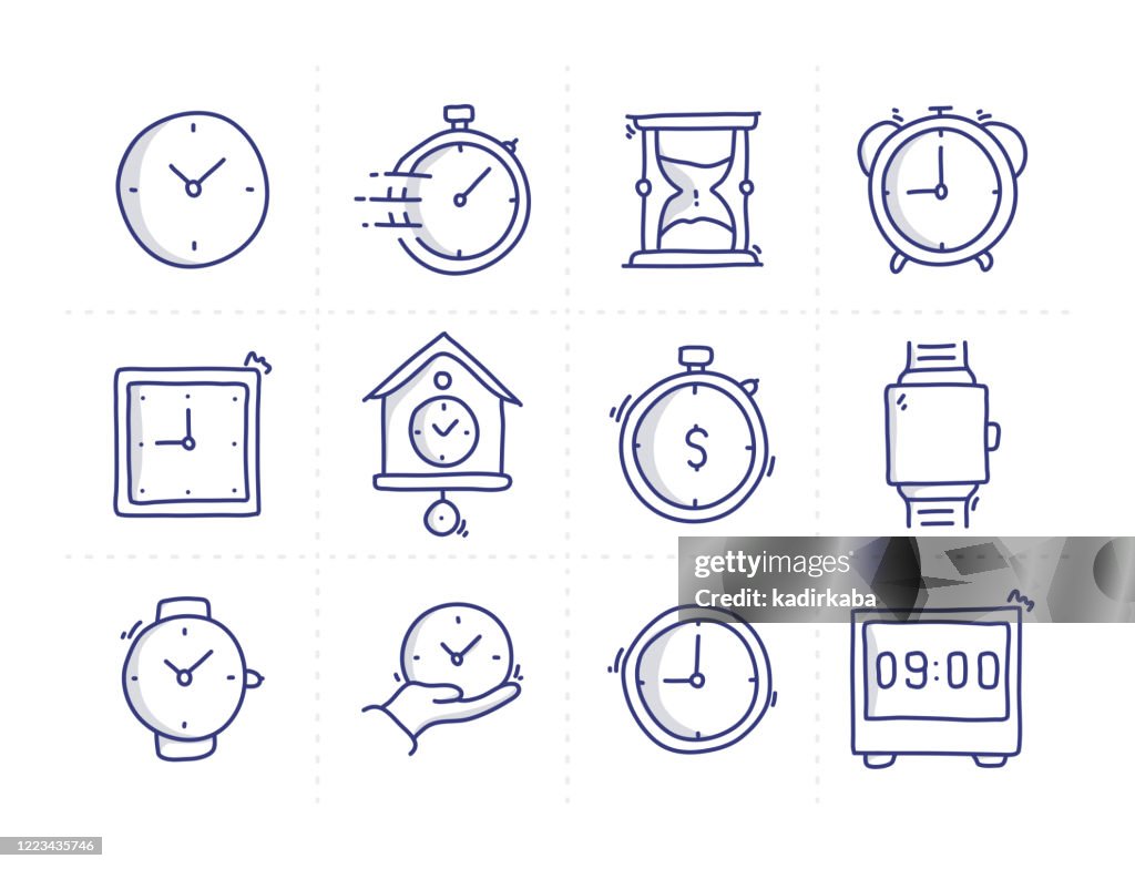 Simple Set of Time Management Related Doodle Vector Line Icons
