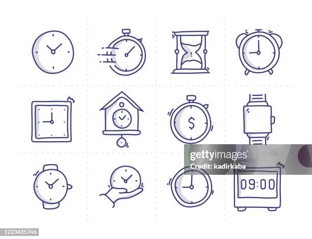 simple set of time management related doodle vector line icons - watch timepiece stock illustrations