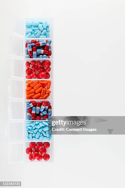 pills in an organiser - pill organizer stock pictures, royalty-free photos & images