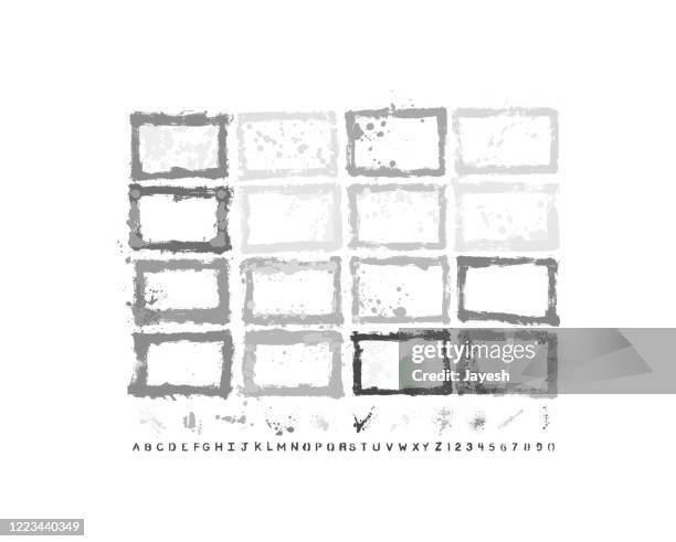 designer essentials: painted grunge border templates & splashes & drips & drops & hand-made alphabet font vector set - goth stock illustrations