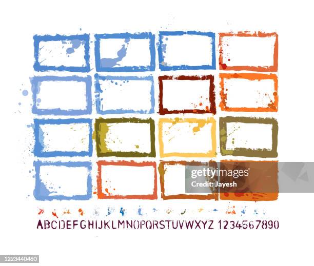 designer essentials: painted grunge border templates & splashes & drips & drops & hand-made alphabet font vector set - mood board stock illustrations