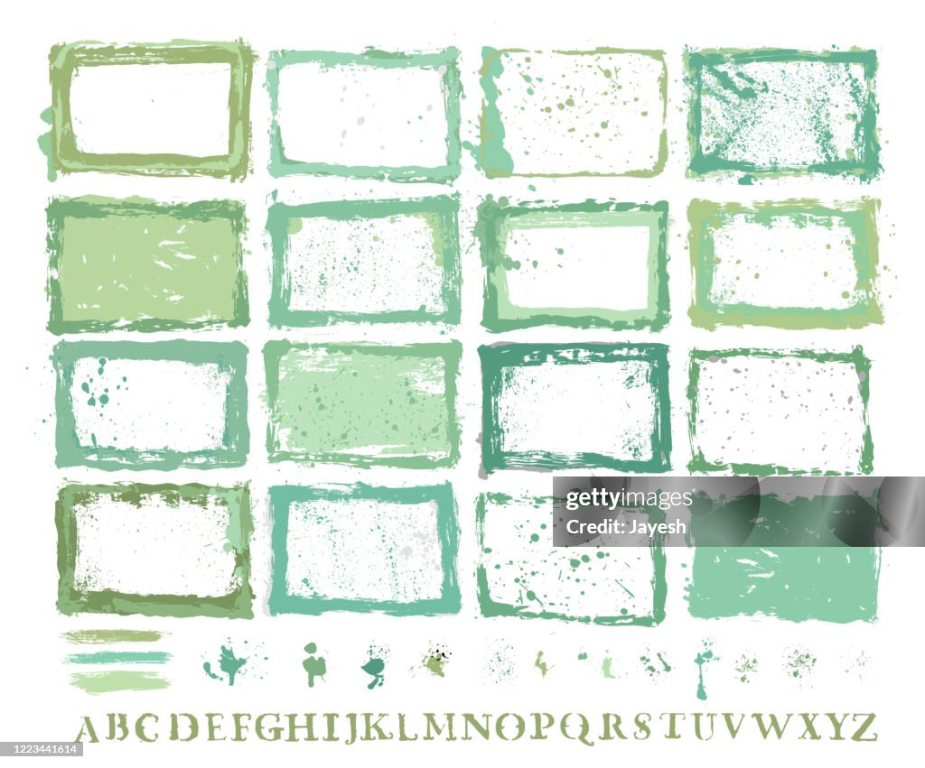 DESIGNER ESSENTIALS: PAINTED GRUNGE BORDER TEMPLATES & SPLASHES & DRIPS & DROPS & HAND-MADE ALPHABET FONT VECTOR SET