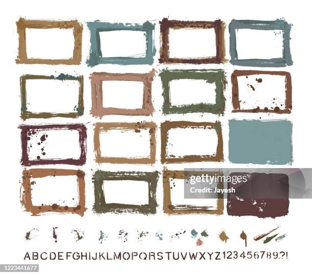 designer essentials: painted grunge border templates & splashes & drips & drops & hand-made alphabet font vector set - website launch icon stock illustrations