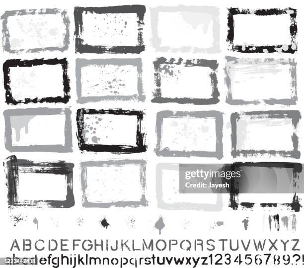 designer essentials: painted grunge border templates & splashes & drips & drops & hand-made alphabet font vector set - spray paint font stock illustrations