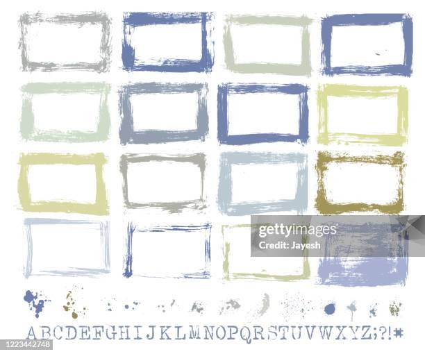 designer essentials: painted grunge border templates & splashes & drips & drops & hand-made alphabet font vector set - making a collage stock illustrations