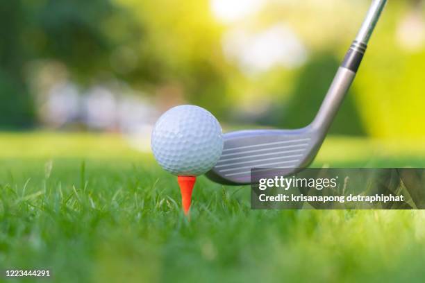 golf ball on green grass field. sport golf club - golf swing close up stock pictures, royalty-free photos & images