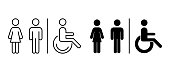 Vector toilet icons. Man, woman, handicap. Images line and black silhouette. Restroom, bathroom in a public area, navigation