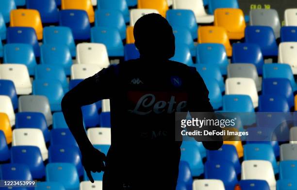 Kalidou Koulibaly of Napoli warms up during the Serie A match between SSC Napoli and SPAL at Stadio San Paolo on June 28, 2020 in Naples, Italy.
